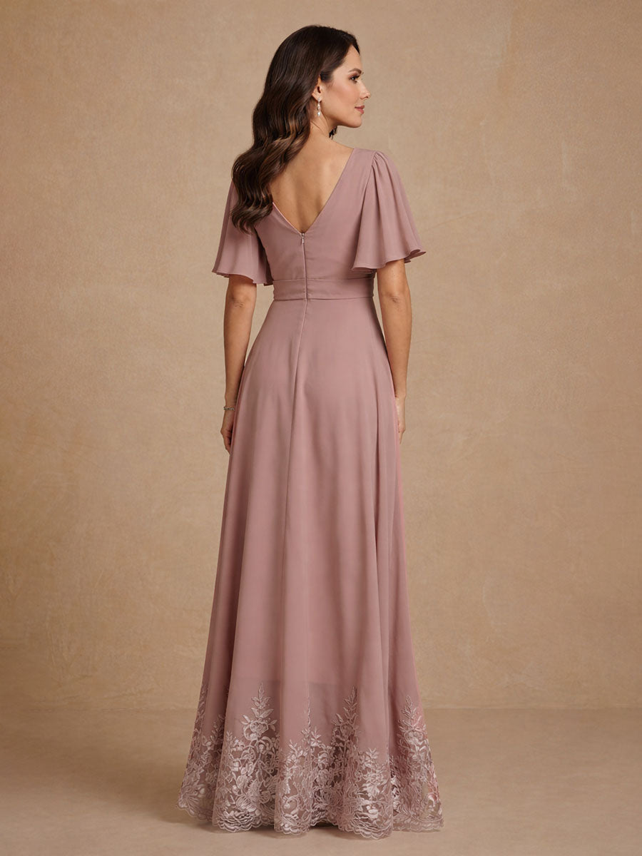 A-Line/Princess V Neck Short Sleeves Mother of the Bride Dresses With Beading & Lace