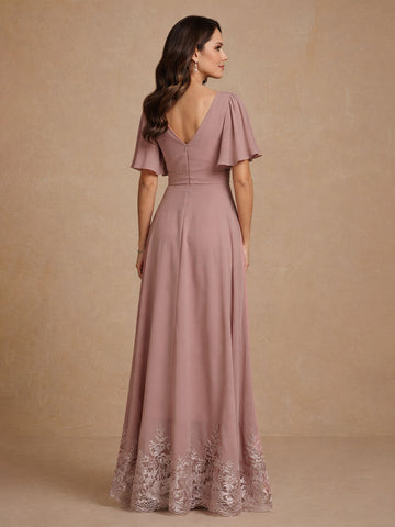 A-Line/Princess V Neck Short Sleeves Mother of the Bride Dresses With Beading & Lace