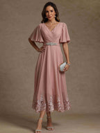A-Line/Princess V Neck Short Sleeves Mother of the Bride Dresses With Beading & Lace