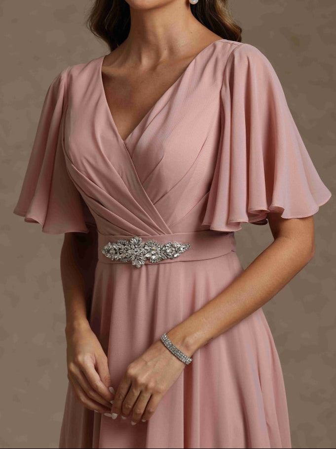 A-Line/Princess V Neck Short Sleeves Mother of the Bride Dresses With Beading & Lace