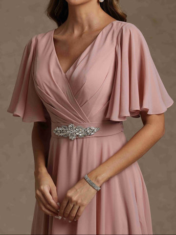 A-Line/Princess V Neck Short Sleeves Mother of the Bride Dresses With Beading & Lace
