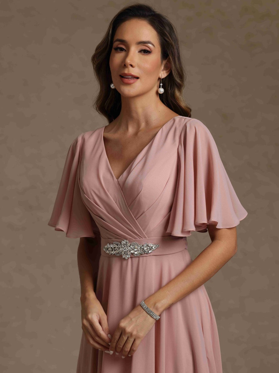 A-Line/Princess V Neck Short Sleeves Mother of the Bride Dresses With Beading & Lace