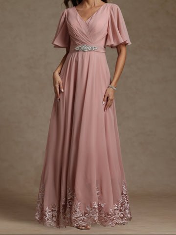 A-Line/Princess V Neck Short Sleeves Mother of the Bride Dresses With Beading & Lace