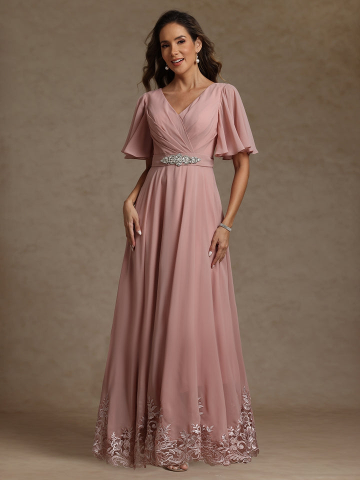 A-Line/Princess V Neck Short Sleeves Mother of the Bride Dresses With Beading & Lace