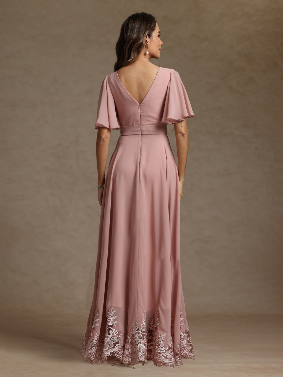 A-Line/Princess V Neck Short Sleeves Mother of the Bride Dresses With Beading & Lace