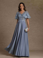 A-Line/Princess V-Neck Short Sleeves Long Mother of the Bride Dresses With Sash Applique