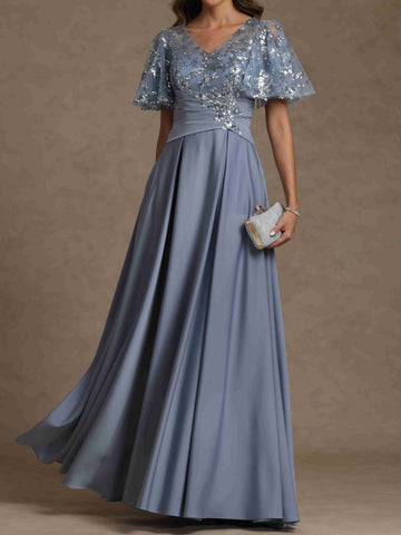A-Line/Princess V-Neck Short Sleeves Long Mother of the Bride Dresses With Sash Applique