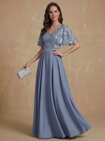 A-Line/Princess V-Neck Short Sleeves Long Mother of the Bride Dresses With Sash Applique