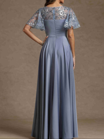 A-Line/Princess V-Neck Short Sleeves Long Mother of the Bride Dresses With Sash Applique