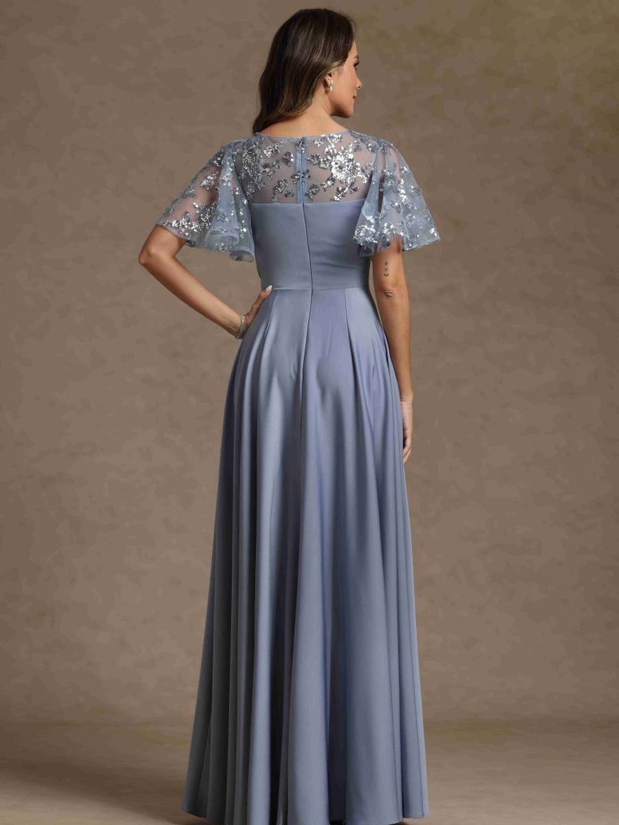 A-Line/Princess V-Neck Short Sleeves Long Mother of the Bride Dresses With Sash Applique