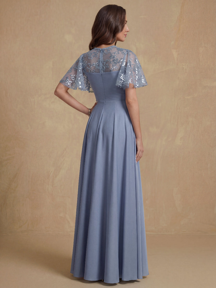 A-Line/Princess V-Neck Short Sleeves Long Mother of the Bride Dresses With Sash Applique