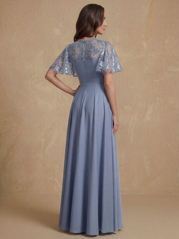 A-Line/Princess V-Neck Short Sleeves Long Mother of the Bride Dresses With Sash Applique