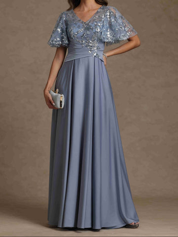 A-Line/Princess V-Neck Short Sleeves Long Mother of the Bride Dresses With Sash Applique