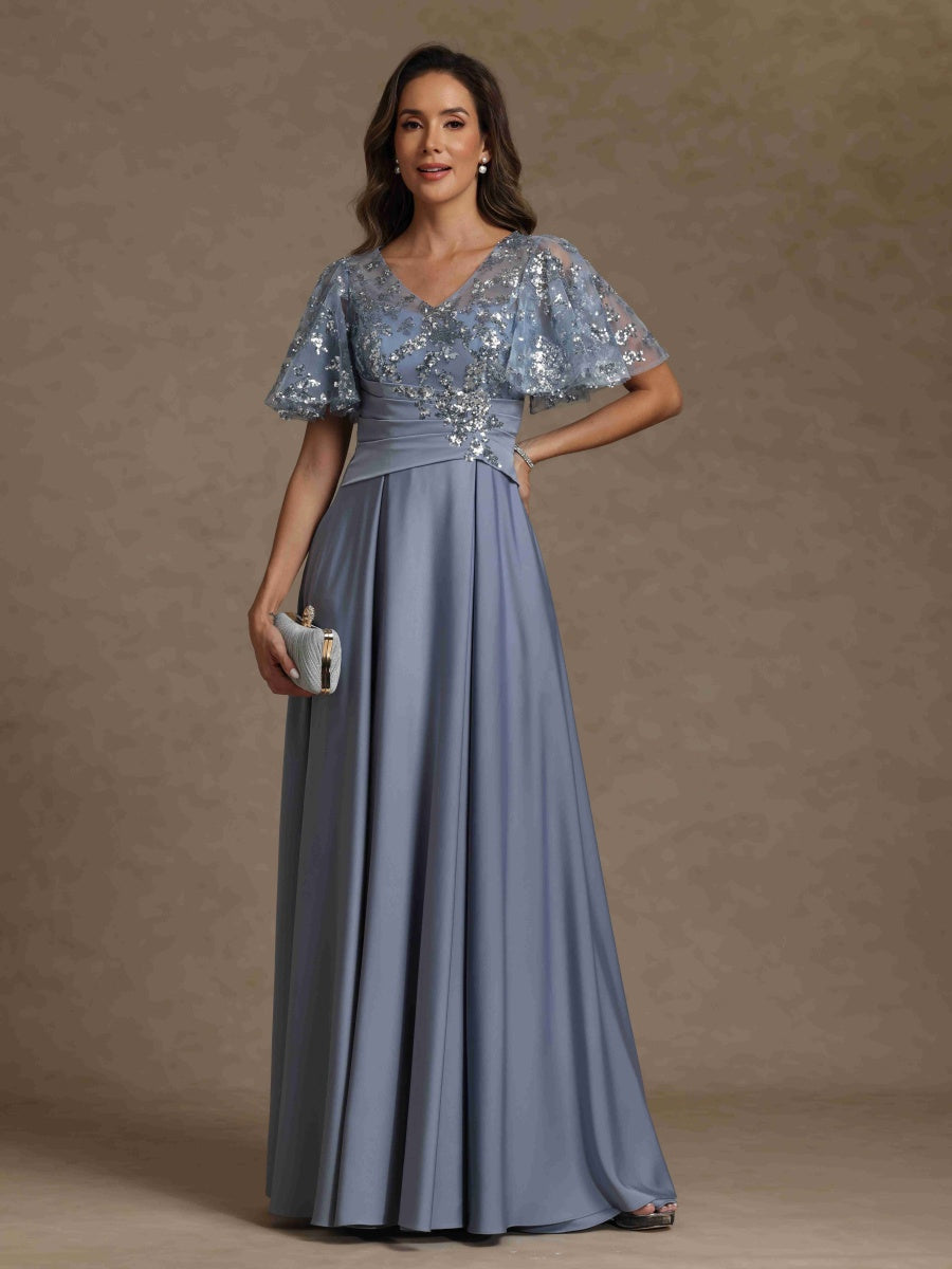 A-Line/Princess V-Neck Short Sleeves Long Mother of the Bride Dresses With Sash Applique