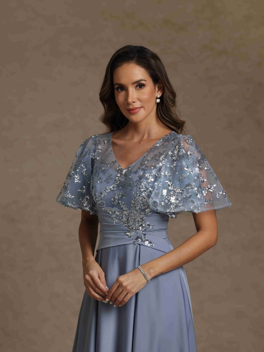 A-Line/Princess V-Neck Short Sleeves Long Mother of the Bride Dresses With Sash Applique