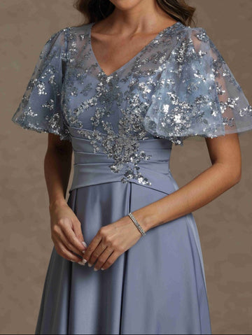 A-Line/Princess V-Neck Short Sleeves Long Mother of the Bride Dresses With Sash Applique