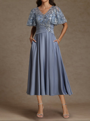 A-Line/Princess V-Neck Short Sleeves Mother of the Bride Dresses With Sash Applique