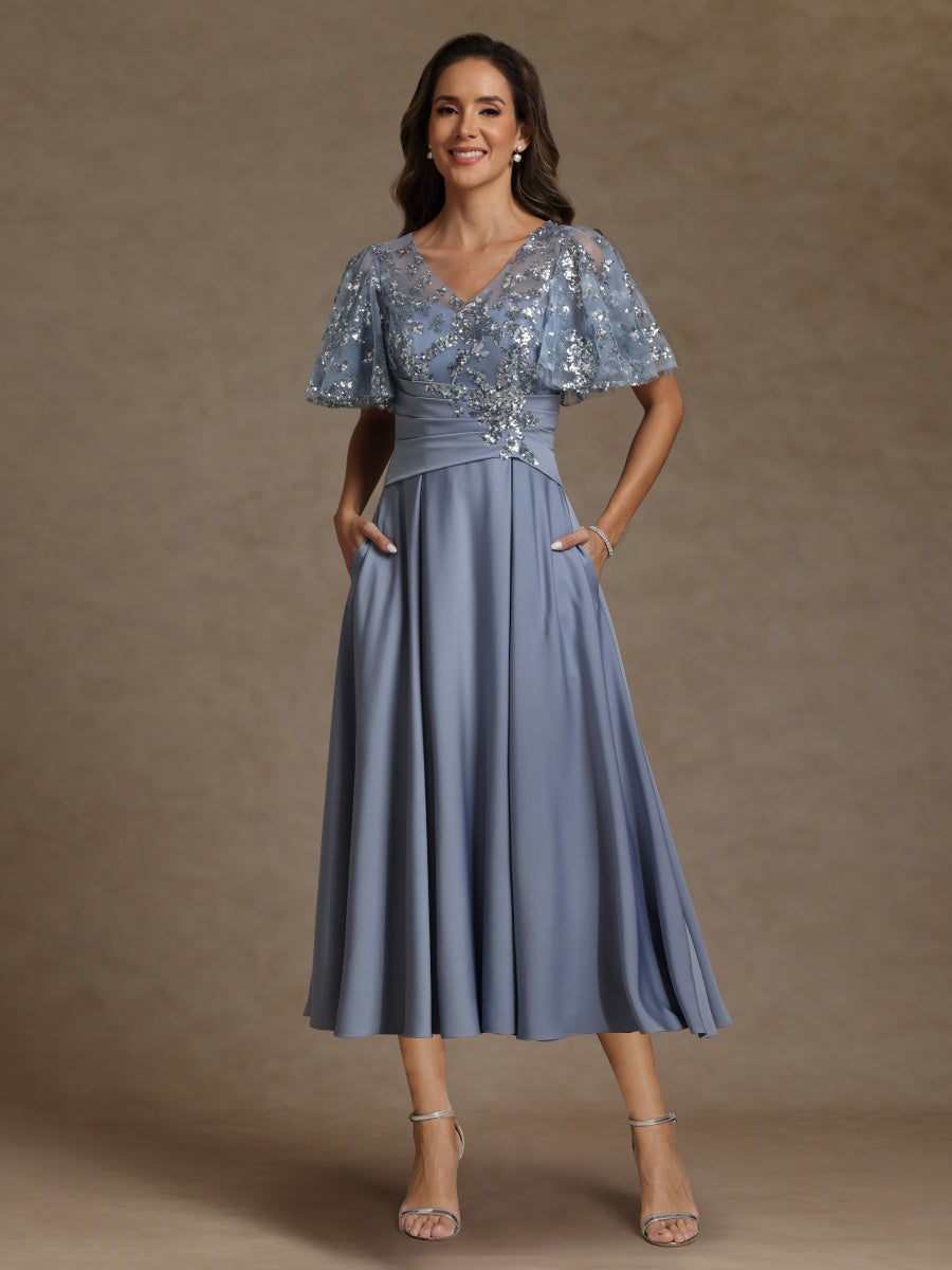 A-Line/Princess V-Neck Short Sleeves Mother of the Bride Dresses With Sash Applique