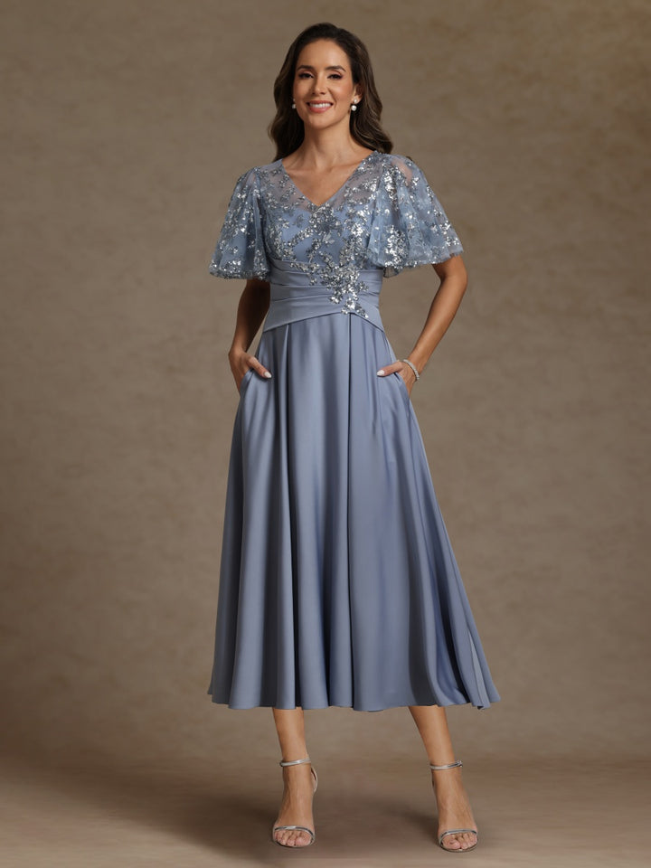 A-Line/Princess V-Neck Short Sleeves Mother of the Bride Dresses With Sash Applique