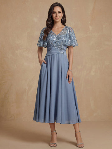 A-Line/Princess V-Neck Short Sleeves Mother of the Bride Dresses With Sash Applique