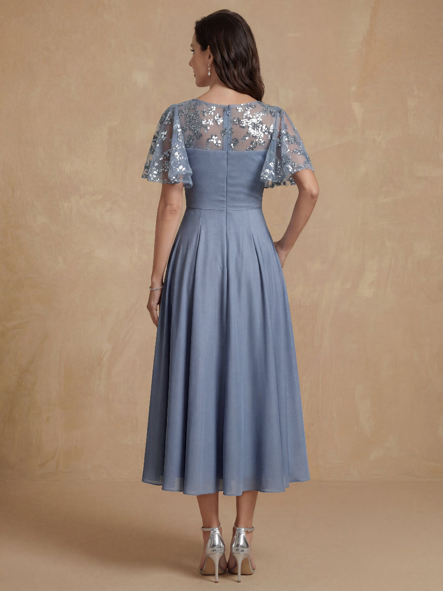 A-Line/Princess V-Neck Short Sleeves Mother of the Bride Dresses With Sash Applique