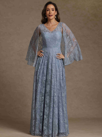 A-Line/Princess V-Neck Long Mother of the Bride Dresses With Lace & Cape