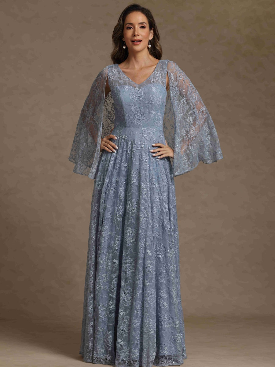 A-Line/Princess V-Neck Long Mother of the Bride Dresses With Lace & Cape