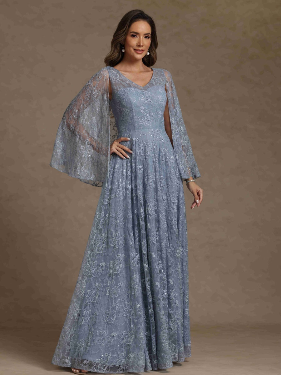 A-Line/Princess V-Neck Long Mother of the Bride Dresses With Lace & Cape