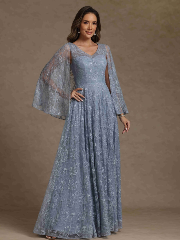 A-Line/Princess V-Neck Long Mother of the Bride Dresses With Lace & Cape