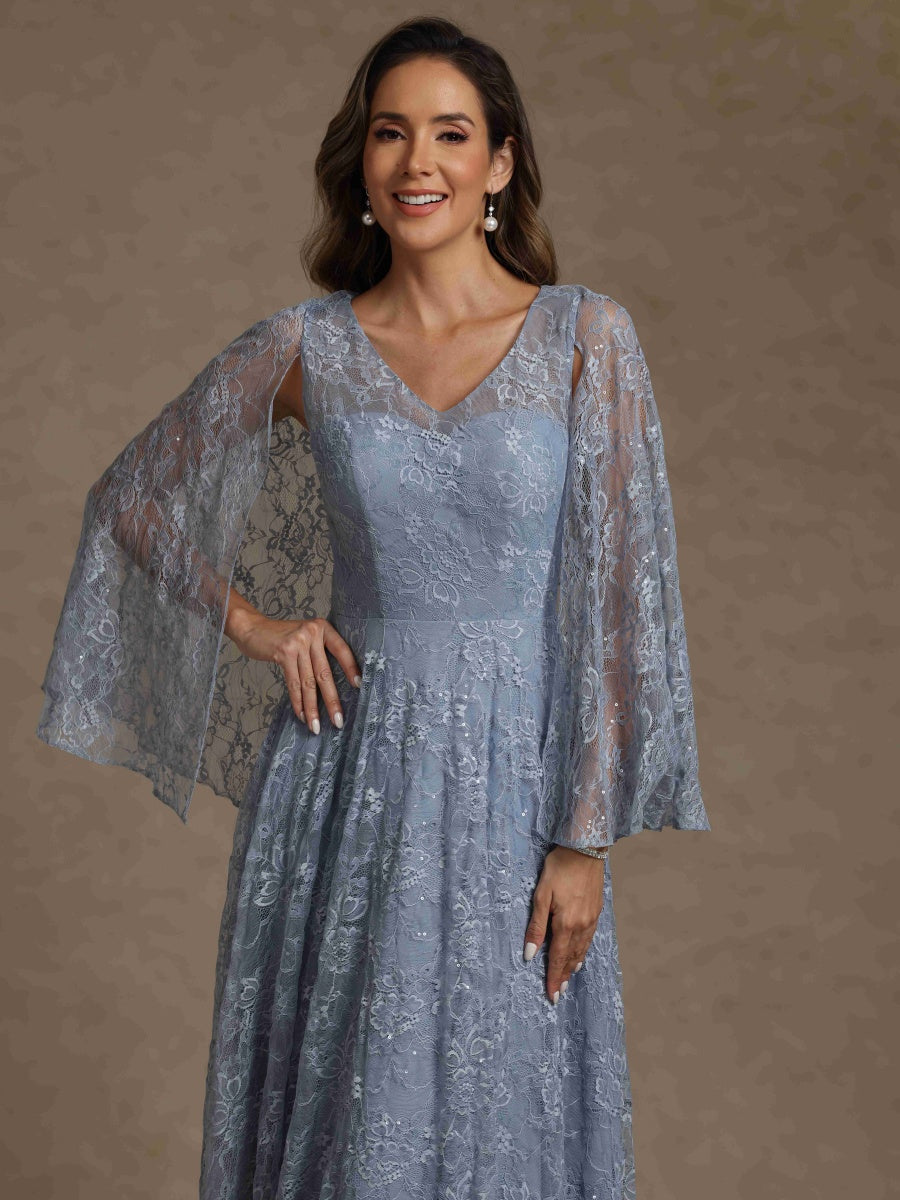A-Line/Princess V-Neck Long Mother of the Bride Dresses With Lace & Cape