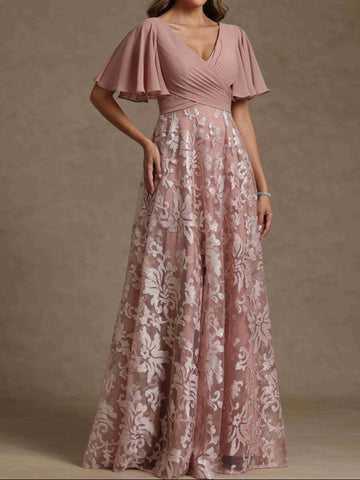 A-Line/Princess V-Neck Short Sleeves Ruched  Mother of the Bride Dresses With Sequins