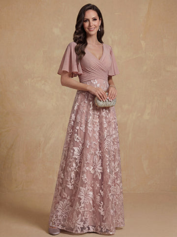 A-Line/Princess V-Neck Short Sleeves Ruched  Mother of the Bride Dresses With Sequins