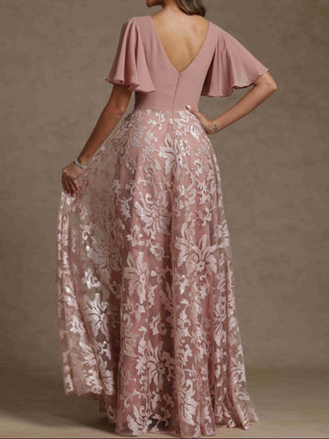 A-Line/Princess V-Neck Short Sleeves Ruched  Mother of the Bride Dresses With Sequins