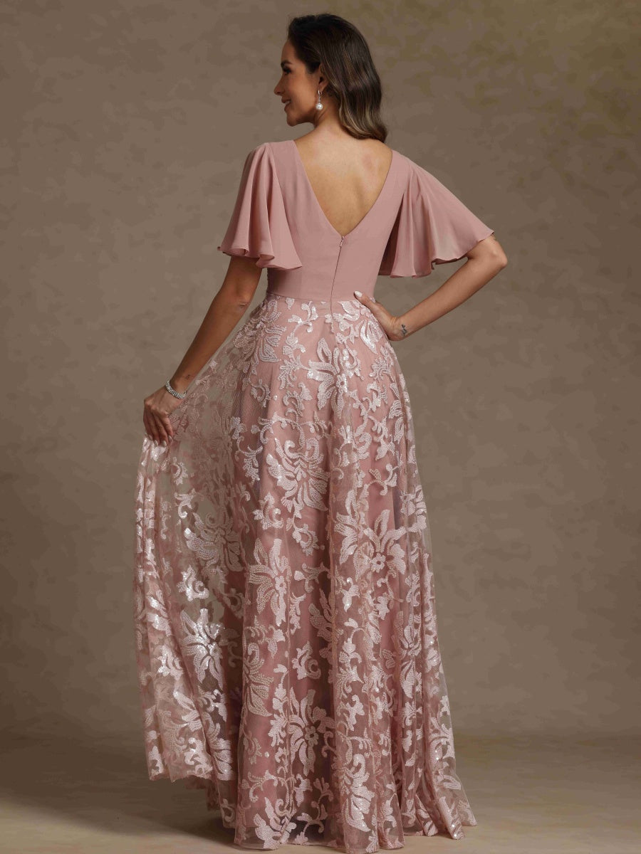 A-Line/Princess V-Neck Short Sleeves Ruched  Mother of the Bride Dresses With Sequins