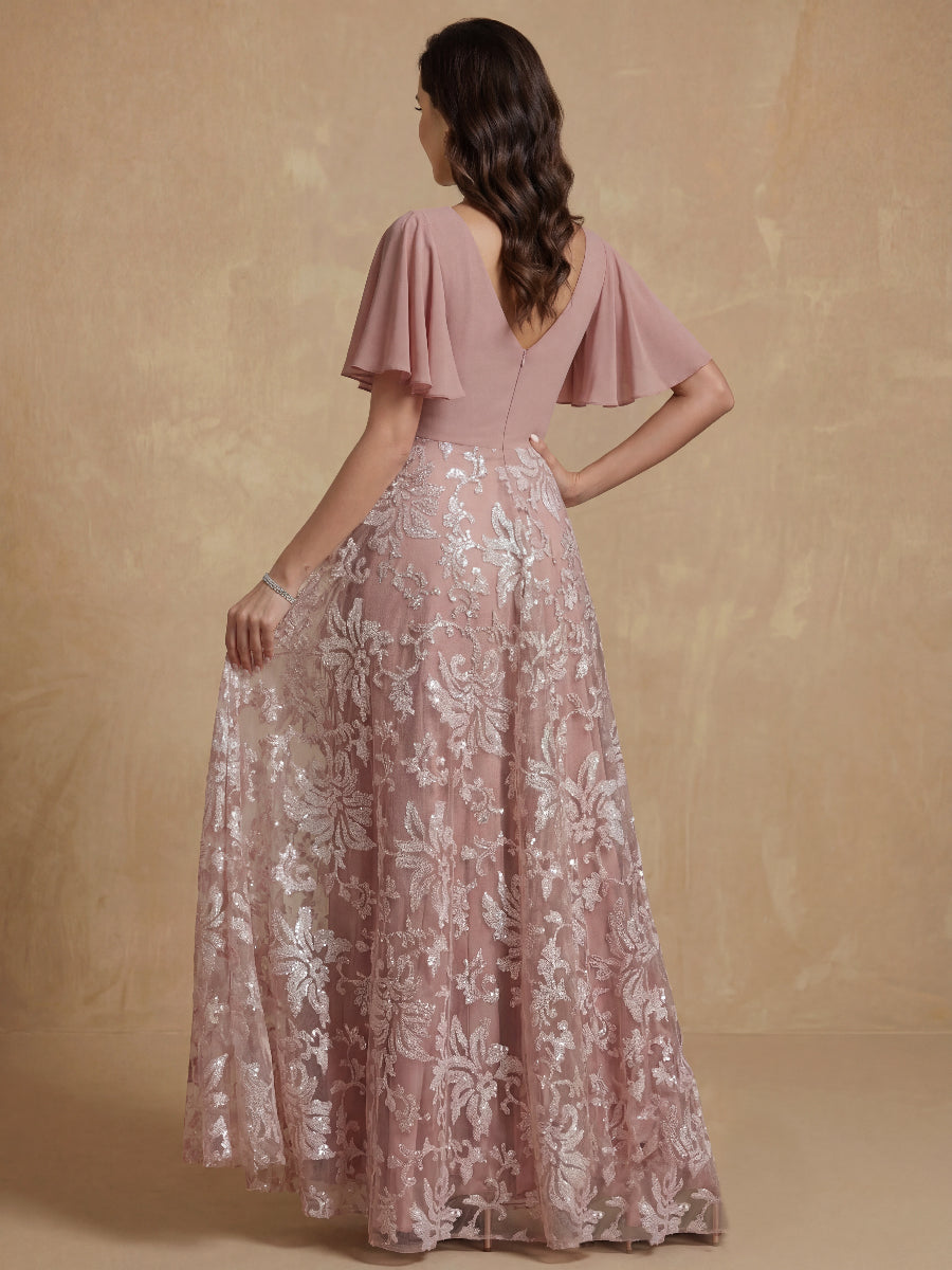 A-Line/Princess V-Neck Short Sleeves Ruched  Mother of the Bride Dresses With Sequins