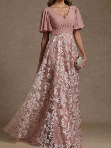 A-Line/Princess V-Neck Short Sleeves Ruched  Mother of the Bride Dresses With Sequins