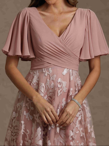 A-Line/Princess V-Neck Short Sleeves Ruched  Mother of the Bride Dresses With Sequins