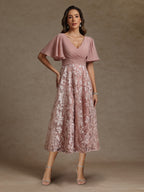 A-Line/Princess V-Neck Short Sleeves Ruched Mother of the Bride Dresses With Sequins