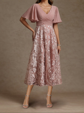 A-Line/Princess V-Neck Short Sleeves Ruched Mother of the Bride Dresses With Sequins