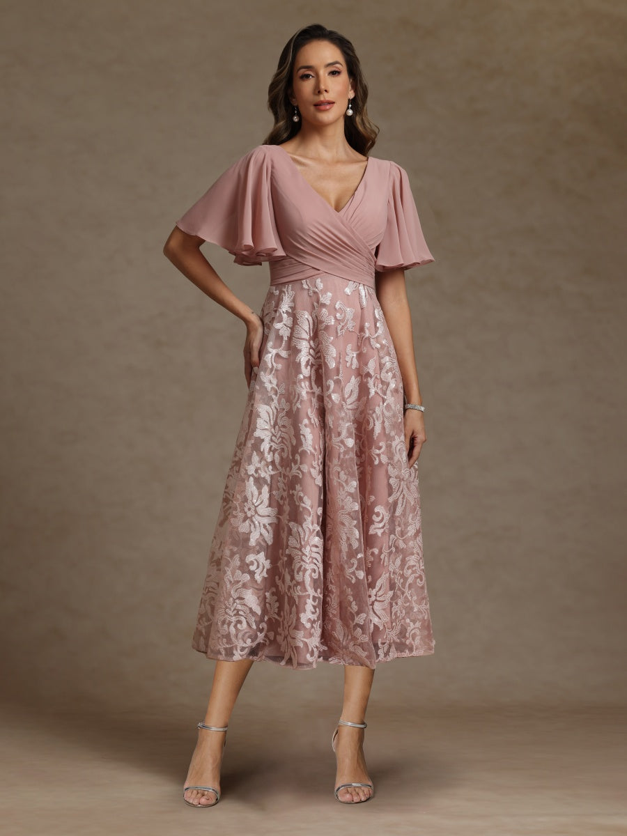 A-Line/Princess V-Neck Short Sleeves Ruched Mother of the Bride Dresses With Sequins