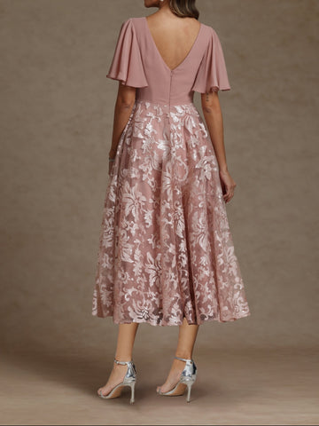 A-Line/Princess V-Neck Short Sleeves Ruched Mother of the Bride Dresses With Sequins