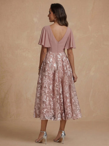 A-Line/Princess V-Neck Short Sleeves Ruched Mother of the Bride Dresses With Sequins