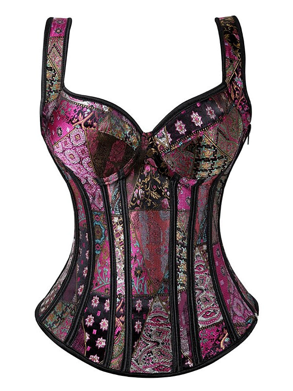 Women‘s Sexy Zipper Tummy Control Flower Push Up Overbust Corsets for Wedding Party Birthday