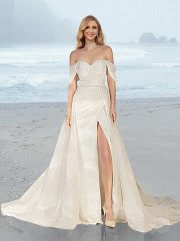 Sheath/Column Off-the-Shoulder Floor-Length Wedding Dress with Sequins & Split Side