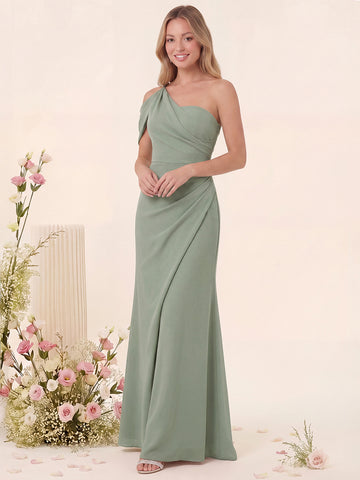 Sheath/Column Asymmetrical One-Shoulder Ruched Long Bridesmaid Dresses