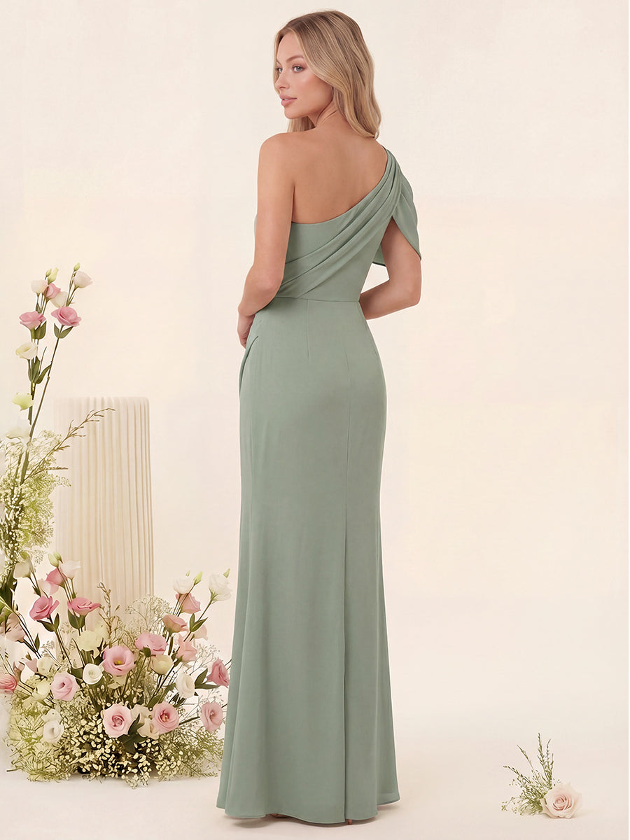 Sheath/Column Asymmetrical One-Shoulder Ruched Long Bridesmaid Dresses