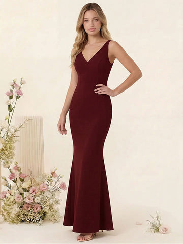 Trumpet/Mermaid V-Neck Sleeveless Long Bridesmaid Dresses With Hidden Back Zipper