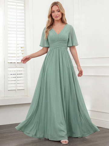 A-Line V-Neck Half Sleeves Split Side Chiffon Bridesmaid Dresses With Pockets
