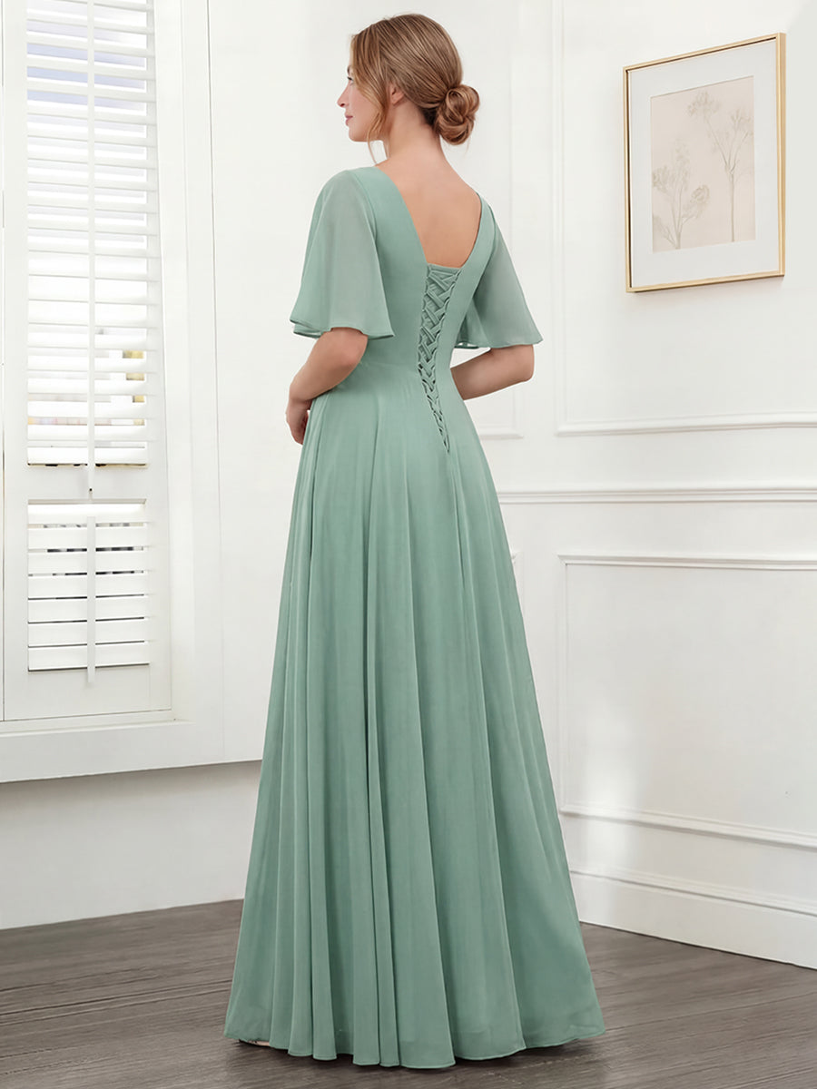 A-Line V-Neck Half Sleeves Split Side Chiffon Bridesmaid Dresses With Pockets