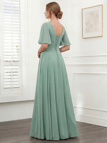 A-Line V-Neck Half Sleeves Split Side Chiffon Bridesmaid Dresses With Pockets